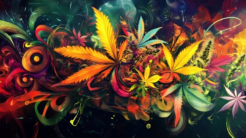 Colorful cannabis leaves swirling in a lively abstract dream.