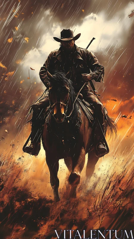 Lone cowboy on horseback in stormlit cinematic inferno.