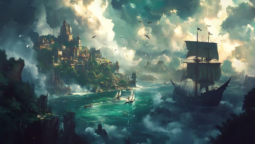 Storm‑lit fantasy harbor with galleons and terraced cliff cityscape
