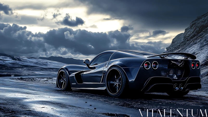 Midnight supercar poised on wet coastal mountain road.