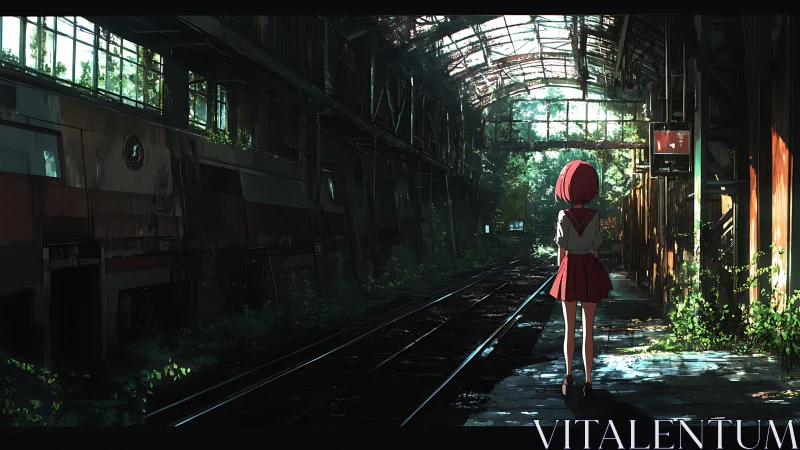 Anime rail platform under overgrown industrial canopy.