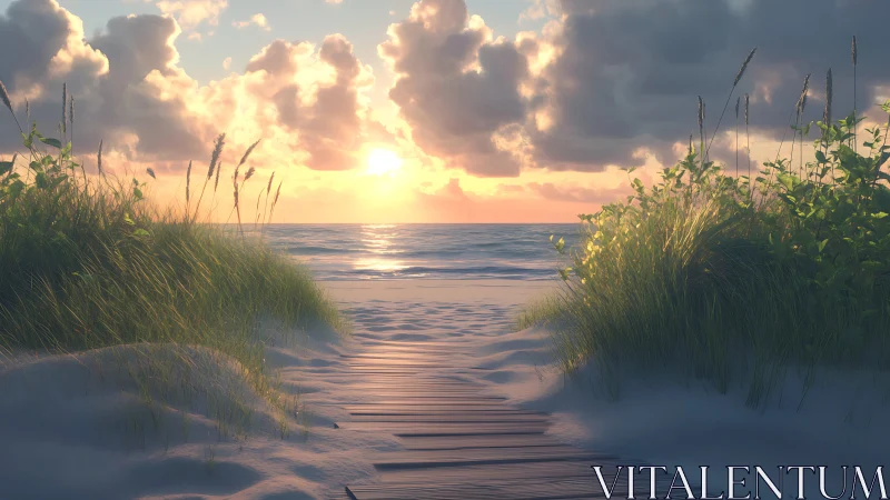 Wooden path through dune grass toward calm ocean sunset.