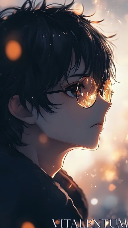 Soft-lit dreamer in glowing glasses and gentle twilight.