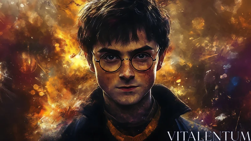 Young wizard in fiery magic haze, staring down destiny.