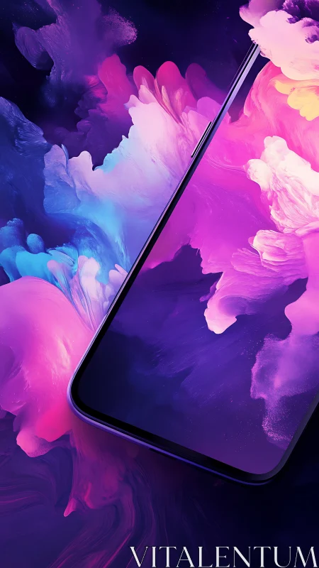 Brilliant smartphone glows amid swirling neon color clouds