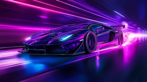 Neon hypercar slashes through electric violet night tunnel.