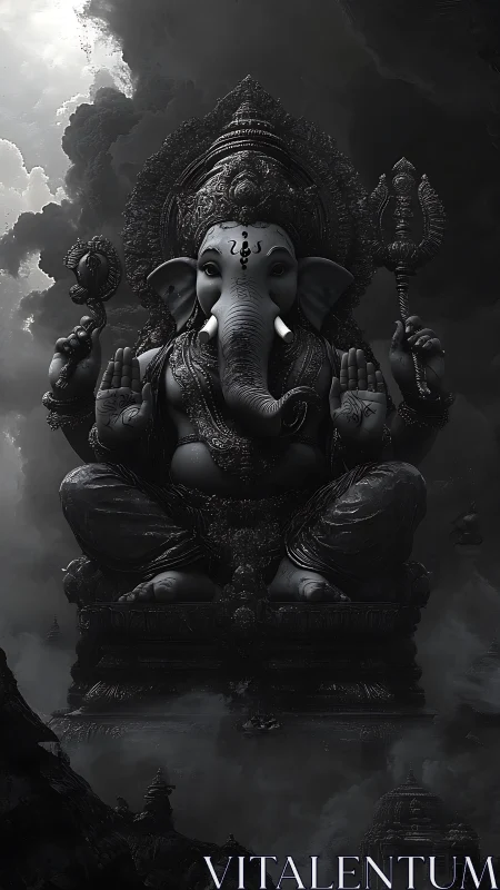Monochrome digital rendering of seated Ganesh statue.