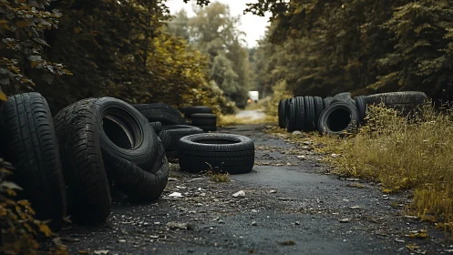 Discarded tires lining an overgrown rural roadway at dusk.