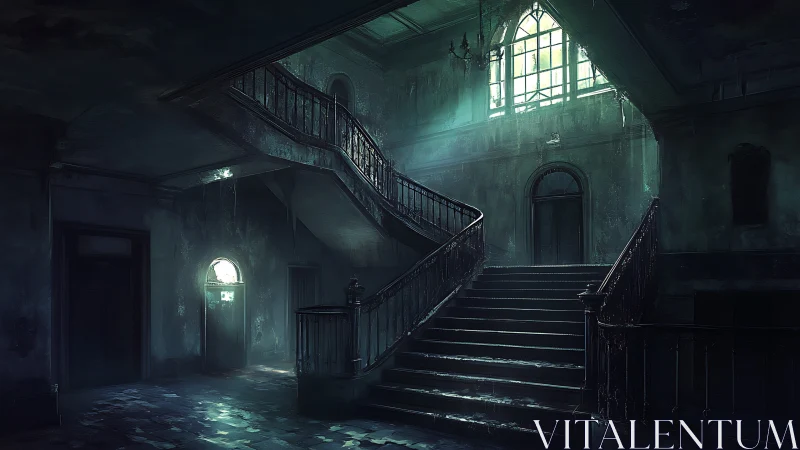 Dilapidated interior staircase shows decayed architectural details