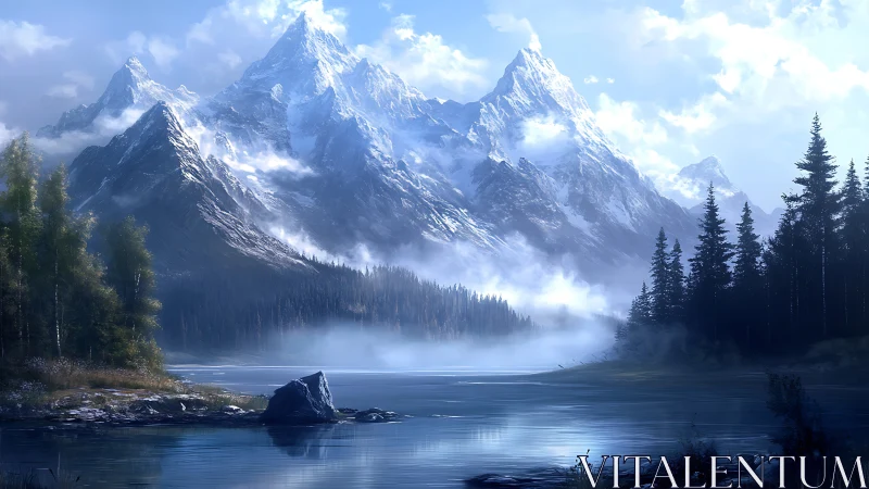 Mist-draped crystal peaks whisper over a glassy blue lake