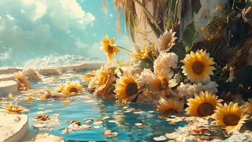 Sunlit sunflowers by bright turquoise coastal water.