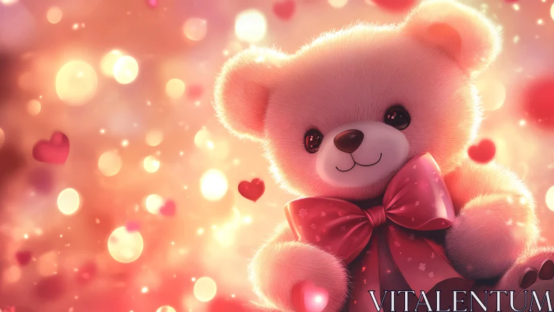 Pink plush bear toy with bow on soft bokeh background.