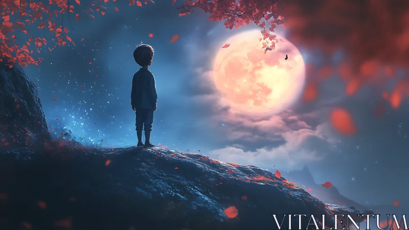 Backlit child on rocky ridge observes oversized lunar horizon