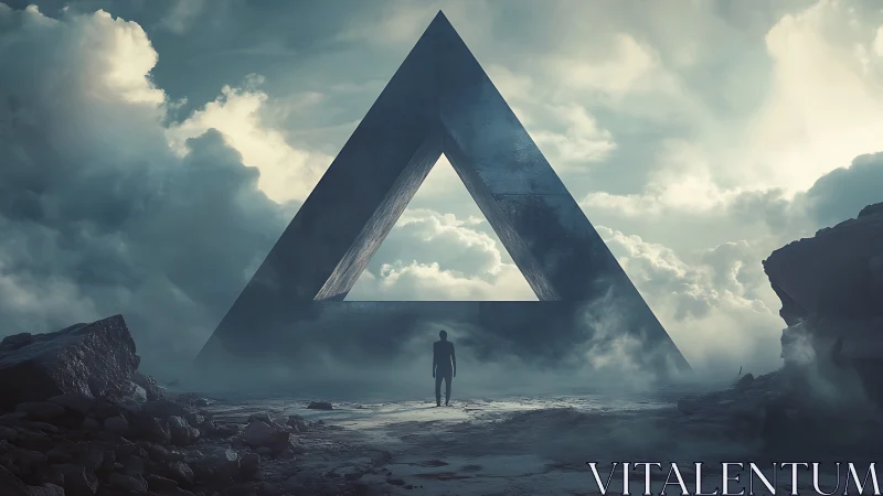 Solitary figure before monumental triangular portal structure.