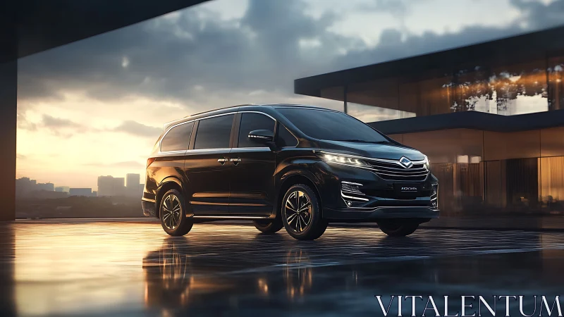 Black multipurpose vehicle is parked on a reflective terrace