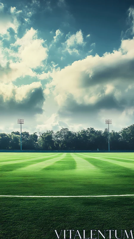 Evenly mowed football pitch under diffuse daylight and cumulus sky