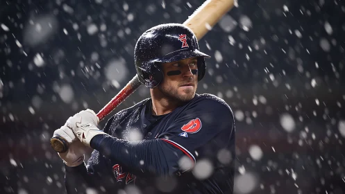 Focused baseball batter poised in snowfall under stadium lights.