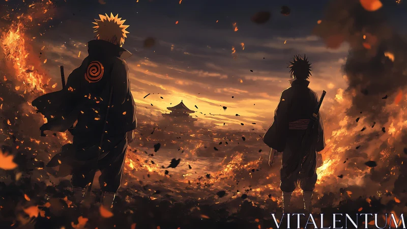 Fiery dusk standoff between cloaked swordsmen in ruins.