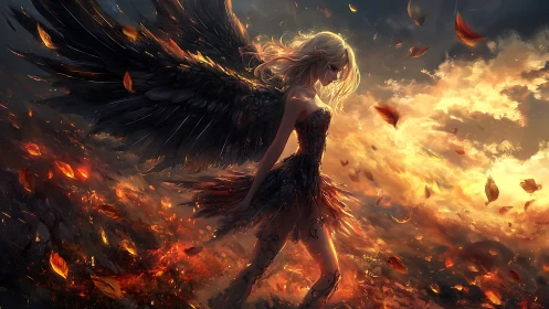 Winged warrior strides through ember field under backlit storm