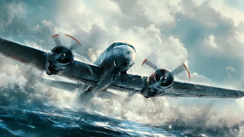 Twin engine propeller aircraft skims rough ocean surface