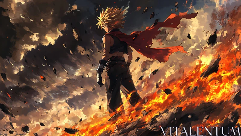 Figure with red scarf standing over burning ground in storm.