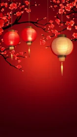 Hanging lanterns and blossoms occupy the upper red frame area