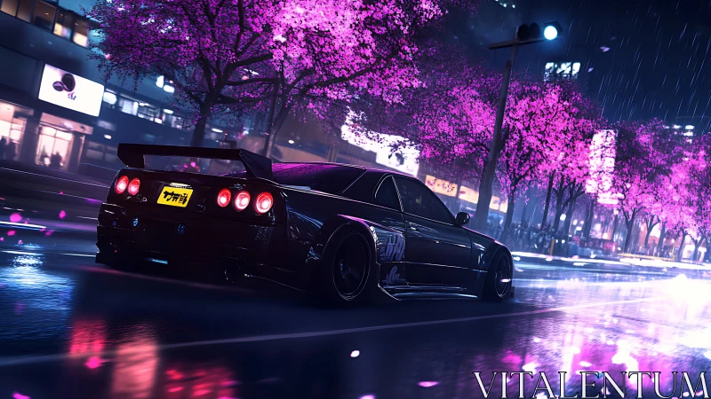 Midnight drift under neon sakura rain on slick city streets.