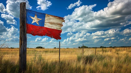 Weathered Texas flag waves gently above sunlit prairie