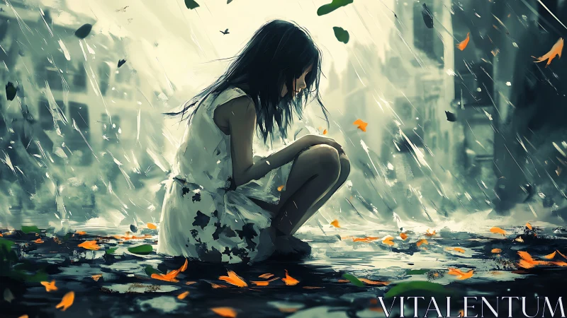 Solitary girl crouches in rain amid dynamic urban downpour