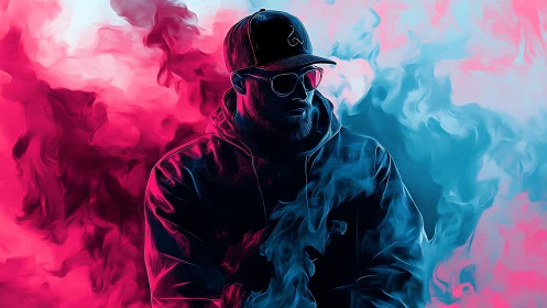 Neon-lit hooded figure emerging through pink and cyan smoke.