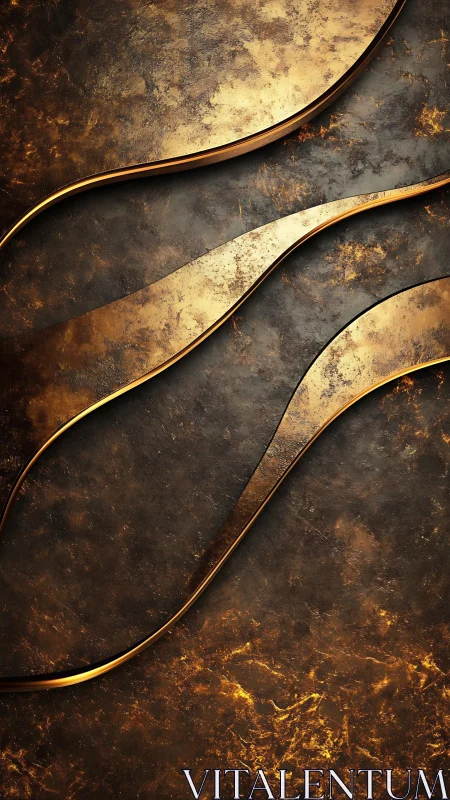 Curved metallic bands cut through textured oxidized gold surface