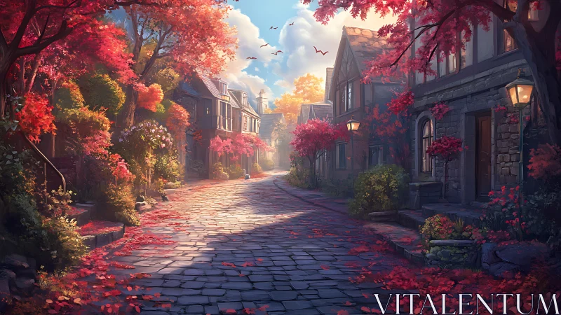 Autumn-kissed cobblestone lane glows with storybook hush.