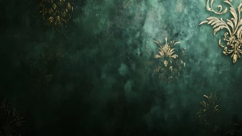 Dark green textured wall with sparse gold ornamental motifs.