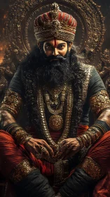 Regal warlord sits crowned in firelit rings of hammered gold