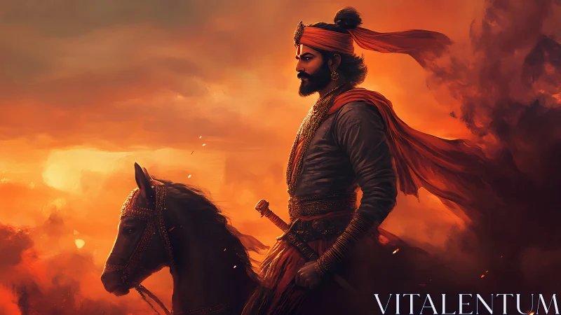 Mounted warrior in traditional attire against smoky sky.