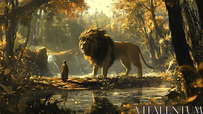 Figure Encounters Majestic Lion in Autumn Forest