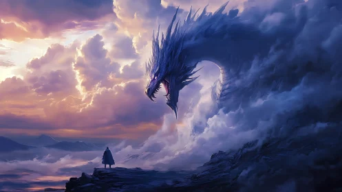 Lone cloaked figure confronts colossal storm dragon in sky