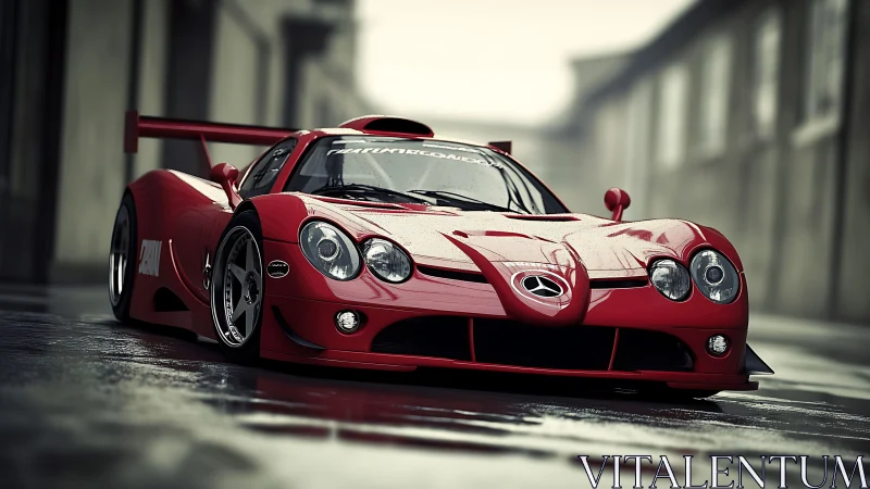 Aggressive red race car gleams on a wet urban street.