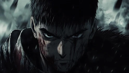 Bloodstained anime warrior in shadowed, stormy setting.