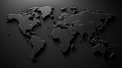 Monochrome bas‑relief world map with directional hard lighting.