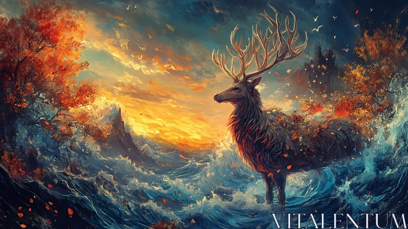 Mythic stag emerging through turbulent chromatic seascape.