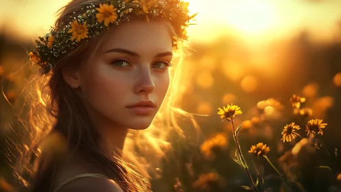 Sunlit flower-crowned muse drifting through golden hush.