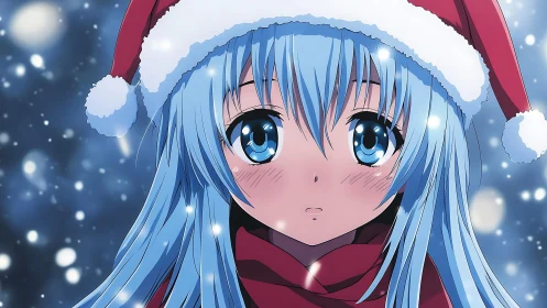 Blue haired anime girl in red Santa hat under snowfall.