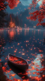 Autumn-lit lake with a quiet leaf-drifted boat at dusk.