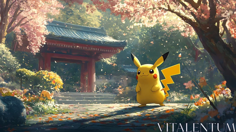 Pikachu standing in serene Japanese garden with blossoms.