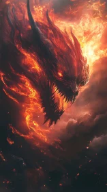 Fiery horned creature head emerges within dense swirling flames