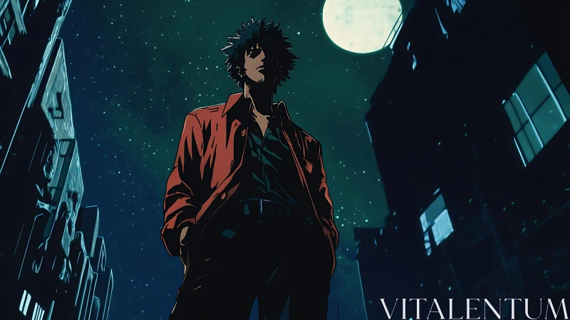 Lone anime drifter under moonlit urban night sky.