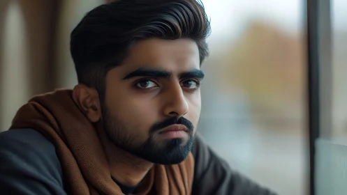 Soft-window portrait captures introspective male gaze in bokeh