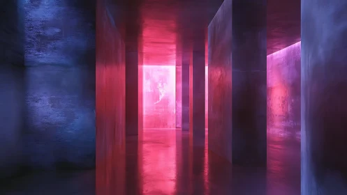 Neon corridor renders towering columns in saturated color light