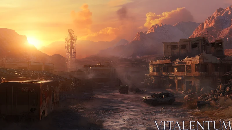 Sunset illuminates deserted settlement beneath rugged mountains